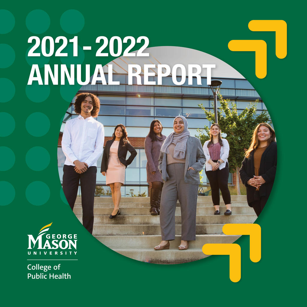 Image of 6 students standing outside of Peterson Hall. There is a green background with the words "2021-2022 Annual Report" at the top 